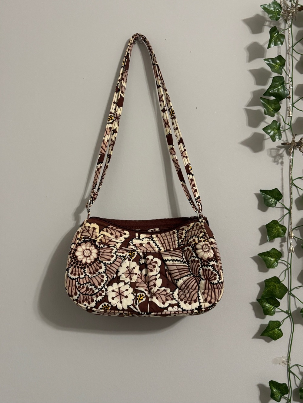 Vera Bradley Quilted Floral Shoulder Bag in Brown and Cream